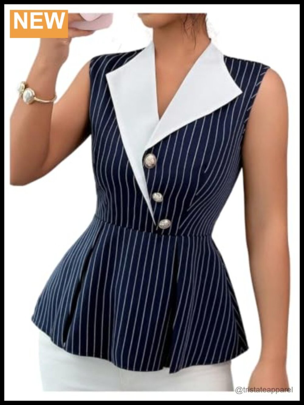Women's Striped Peplum Blouse Collared Ruffle Hem Sleeveless Work Top